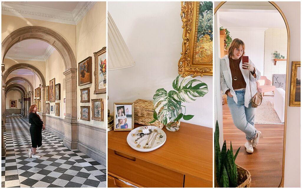 Sam at the louvre, sam's dresser, and a selfie of sam in the mirror