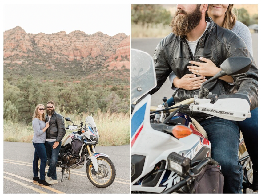 Sedona Engagement Session - couple on a motorcycle surrounded by red rocks