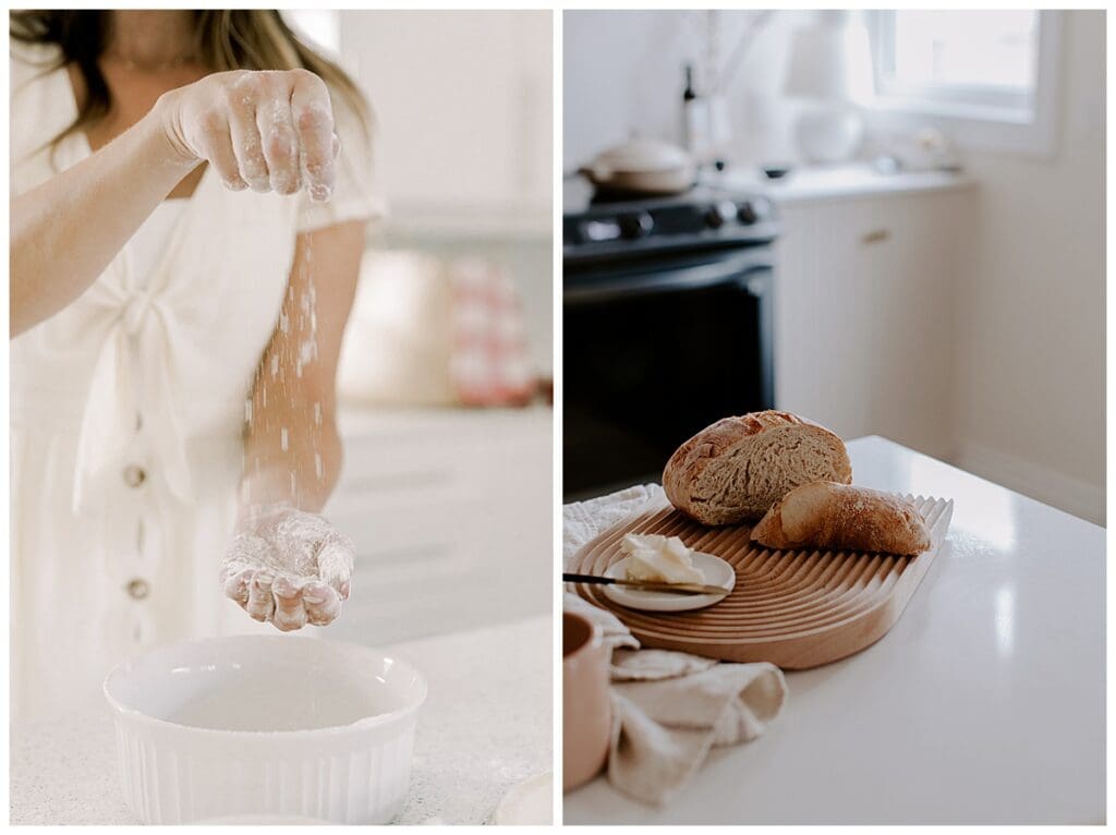 woman dusting flour off her hands and a loaf of bread for baking or cooking class